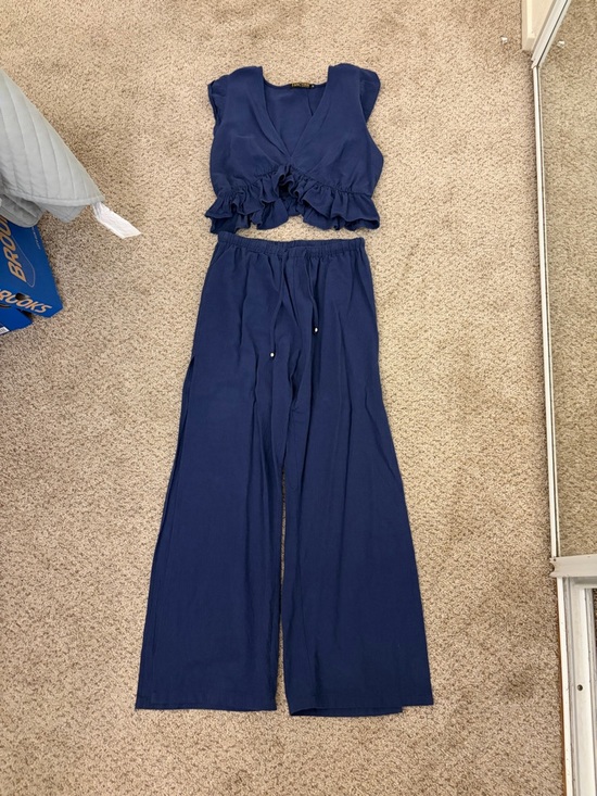 Amazon Pants - Amazon Navy Ruffle Crop Top & Wide-Leg Pants Set